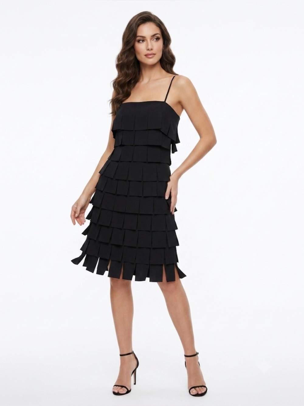 JS Collections Black Fringe Layered Cocktail Dress Size 12 Evening Party